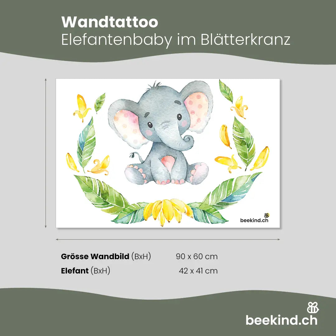 Wandtattoo Elefantenbaby im Blätterkranz